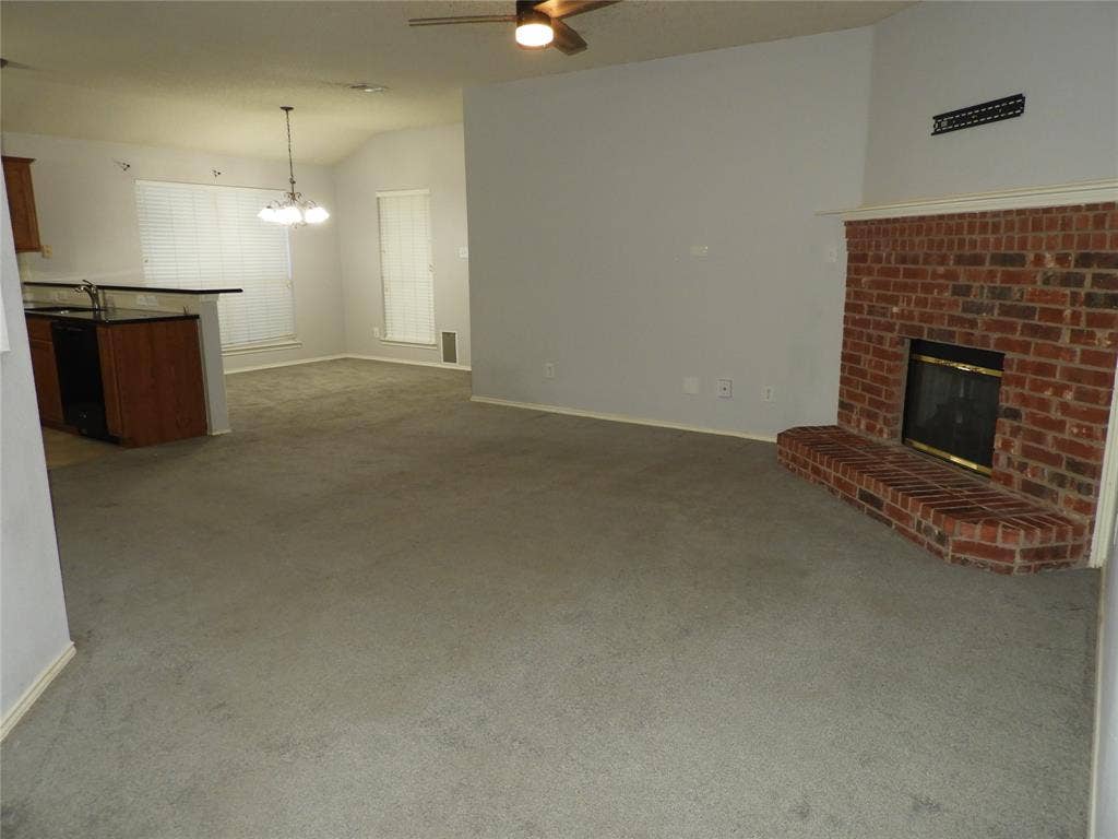 Living Room with corner fireplace.