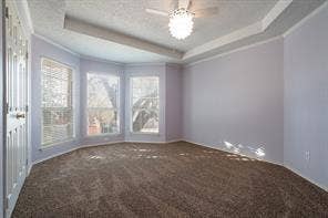 Spare room with plenty of natural light, carpet floors, ornamental molding, and a raised ceiling