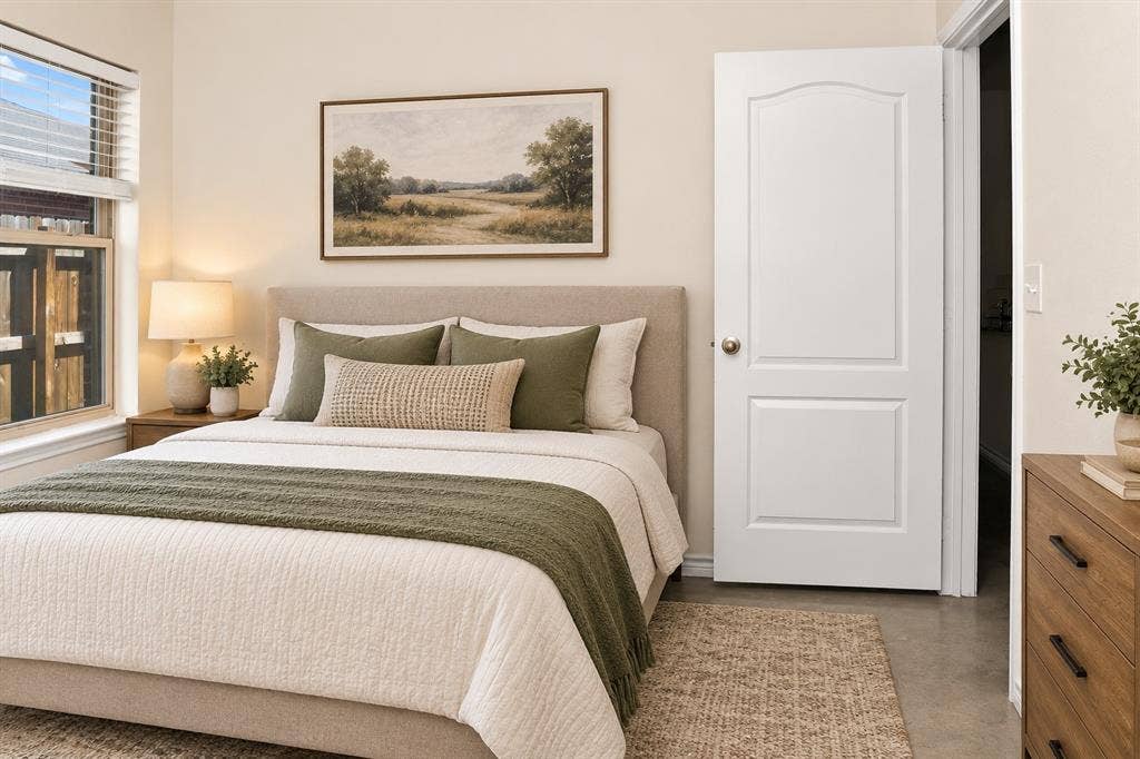 6015 Amelia Earhart Boulevard, #B, Killeen, TX 76543 Cream-colored walls, window with blinds, wood-finish nightstand, white two-panel interior door, and concrete-finish flooring