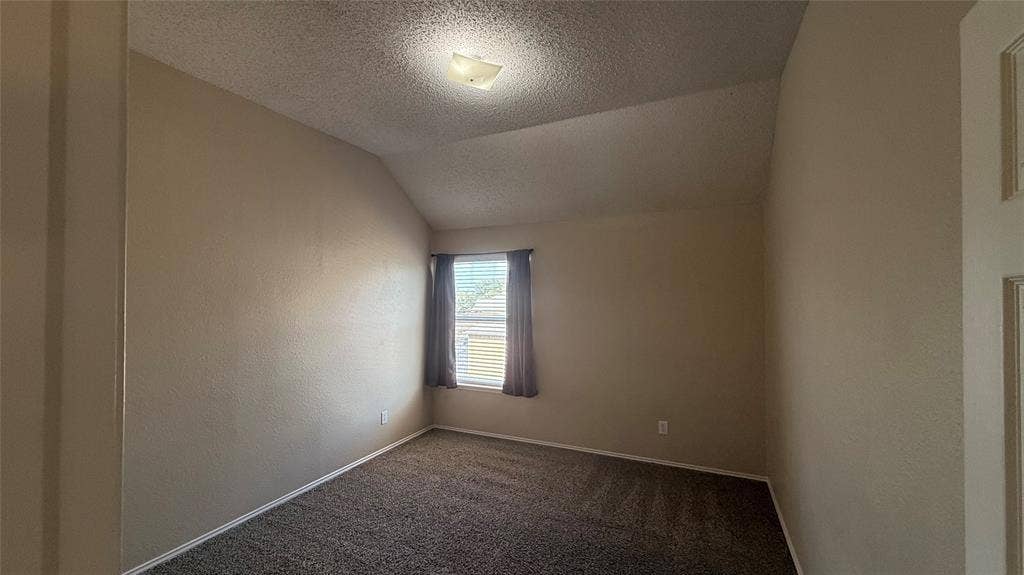 1433 Winterwood Drive, Allen, TX 75002 Vaulted ceiling with an attached light fixture, a window with blinds and curtains, and carpet flooring