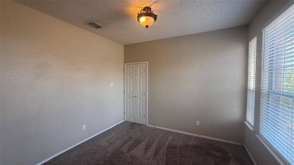1433 Winterwood Drive, Allen, TX 75002 Textured walls, carpet flooring, a multi-pane window with blinds, and a built-in light fixture