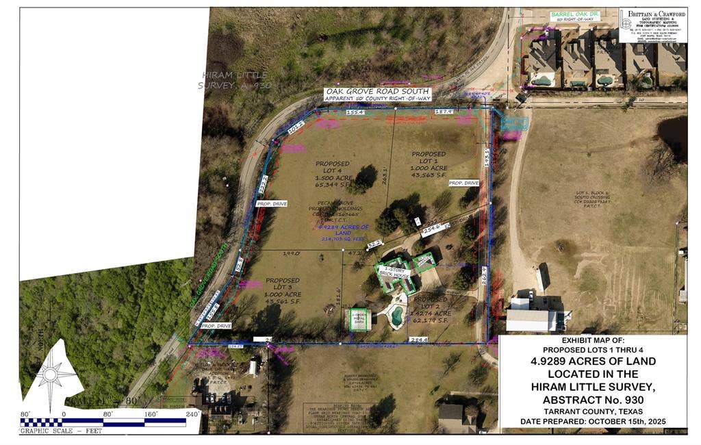 TBD OAK GROVE Road, Burleson, TX 76028 Exhibit Map. Displaying the proposed subdivision of a 4.9289-acre parcel into four lots within the Hiram Little Survey, Tarrant County, Texas
