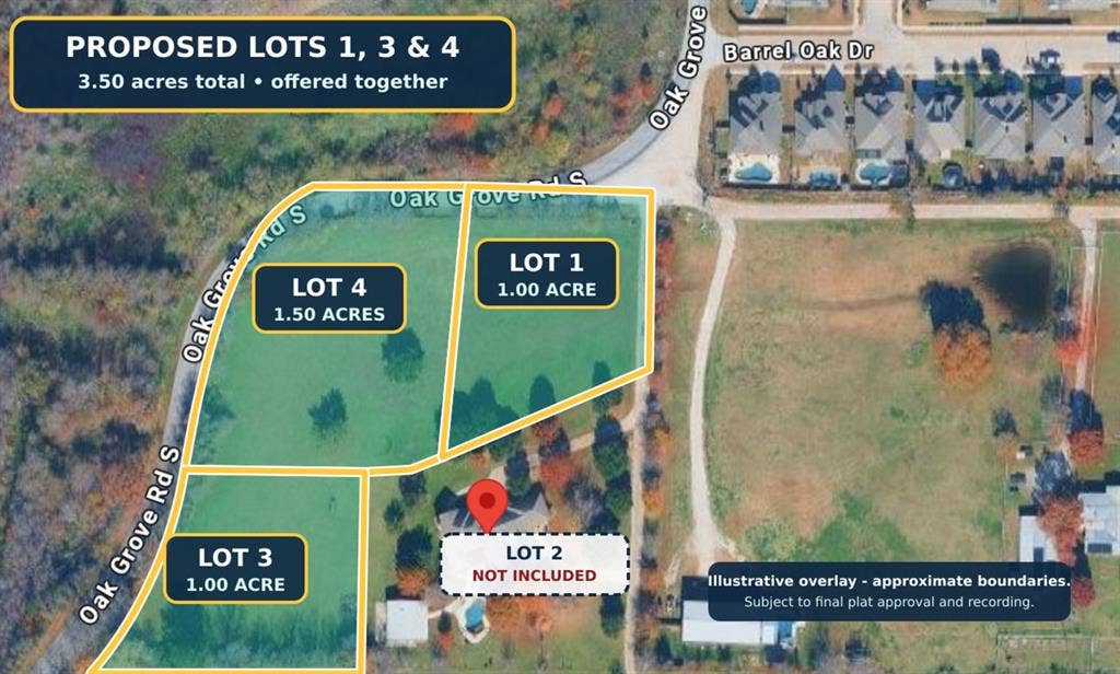 TBD OAK GROVE Road, Burleson, TX 76028 Property Site Plan. Indicating proposed lot divisions and total acreage offered, with approximate boundaries subject to plat approval
