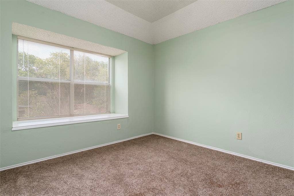 4500 Fargo Drive, Grand Prairie, TX 75052 Textured carpet flooring, window with blinds, and tray ceiling detail