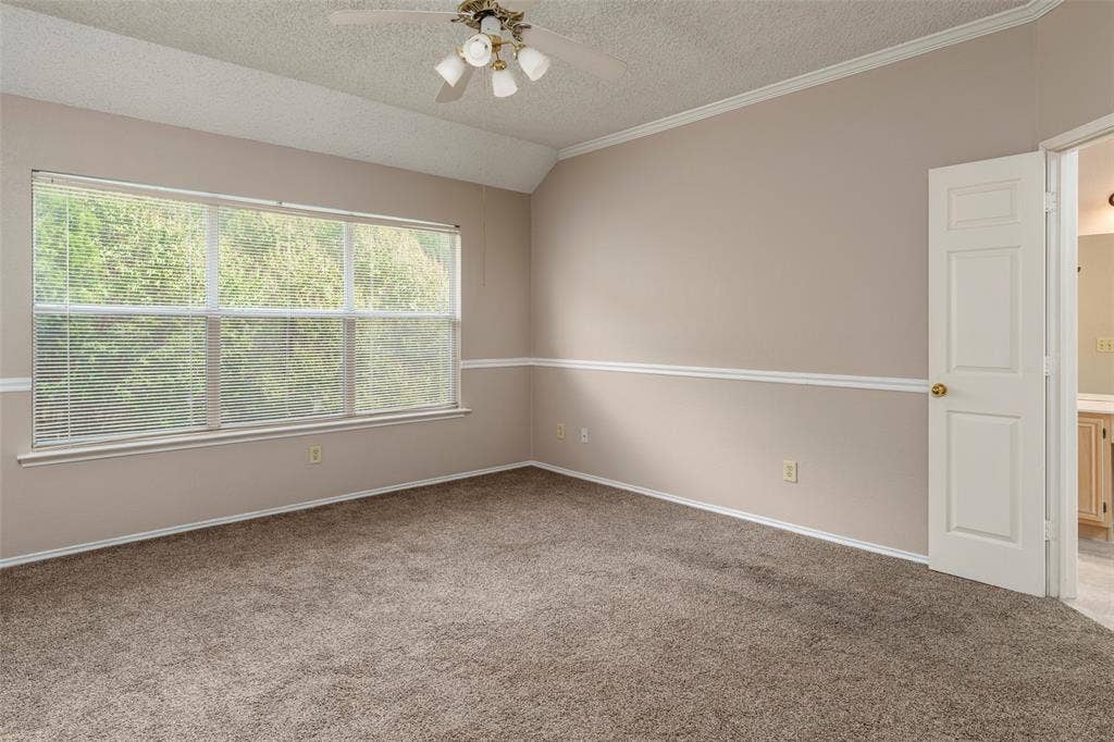 4500 Fargo Drive, Grand Prairie, TX 75052 Vaulted ceiling with ceiling fan, large window with blinds, chair rail molding, and carpet flooring