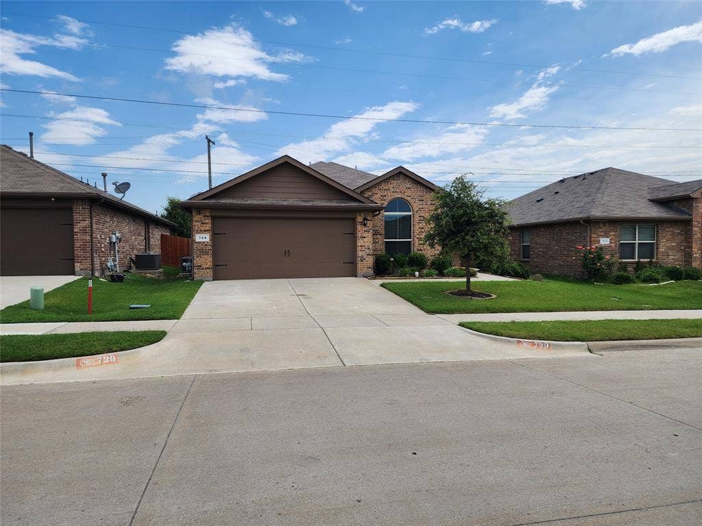 729 Watson Way, Crowley, TX 76036 Ranch-style home with a front lawn, a garage, and central air condition unit