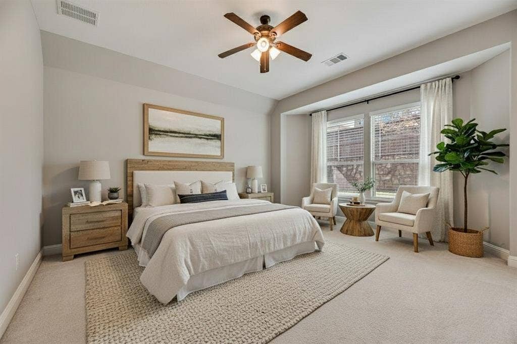 7421 San Jacinto Trail, McKinney, TX 75071 Primary bedroom has been virtually staged to showcase potential décor and layout options.
