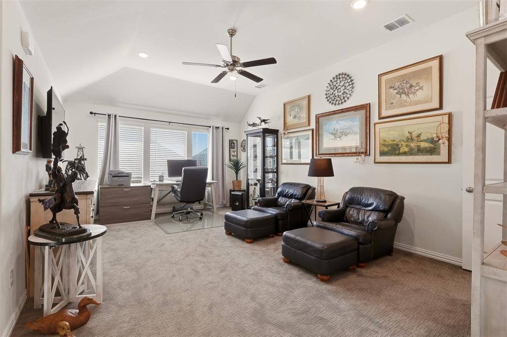 4808 Forest Crest Parkway, Arlington, TX 76005 Vaulted ceiling with a ceiling fan, recessed lighting, and a window with blinds