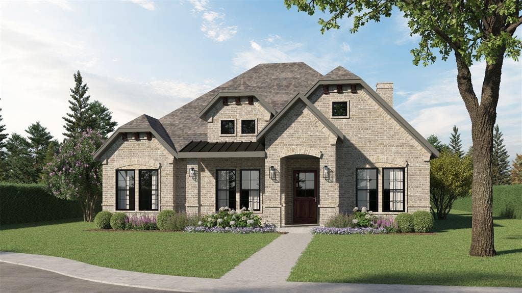Rendition of French country home featuring brick siding, a front yard, and a chimney