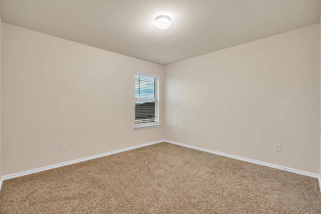 Carpeted room with neutral wall tones and a single window with blinds