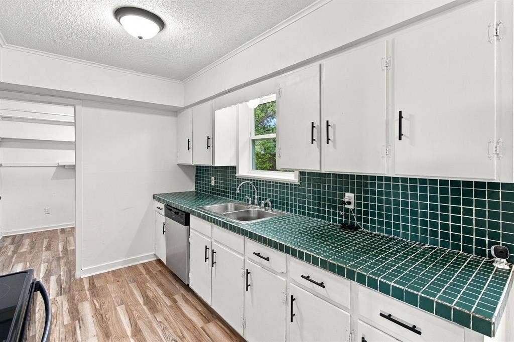 Kitchen featuring white cabinetry with black hardware, green tile countertops, a brand new stainless steel dishwasher, and a double basin sink