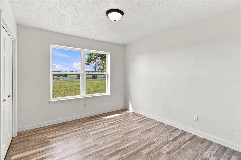 Spacious room with LVP flooring, neutral wall tones, a large window, and a ceiling-mounted light fixture