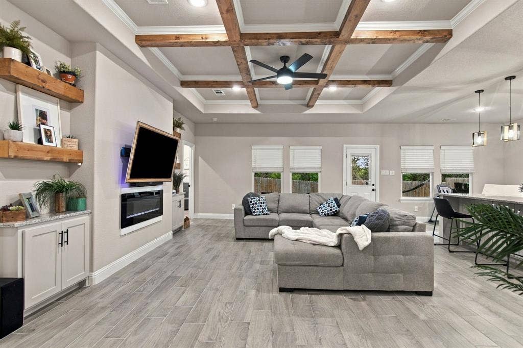 4822 Wichita Street, Granbury, TX 76048 Coffered ceiling with exposed wood beams and recessed lighting