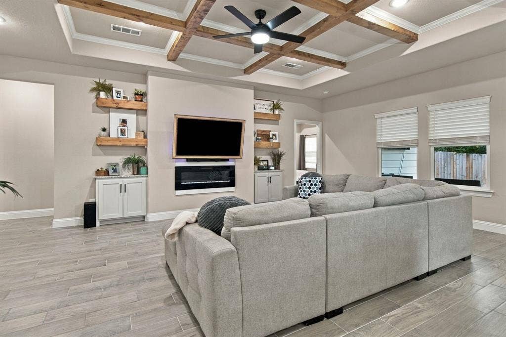4822 Wichita Street, Granbury, TX 76048 Coffered ceiling with exposed wood beams, ceiling fan, and recessed lighting