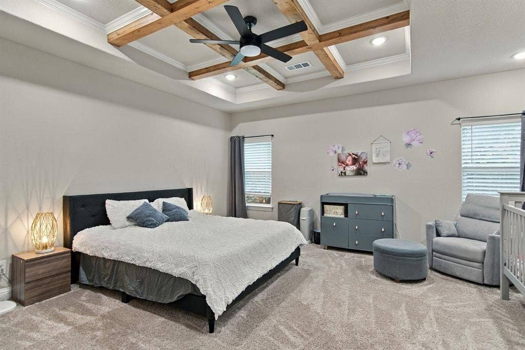 4822 Wichita Street, Granbury, TX 76048 Tray ceiling with wood-finish beams and recessed lighting