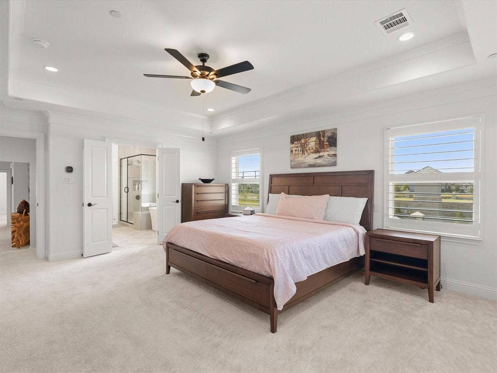 1020 Williams Lane, Copper Canyon, TX 75077 Second Primary bedroom located upstairs very spacious with a full primary bathroom attached and walk in closet. Great for family to live with you or quests. Provides lots of privacy and space.