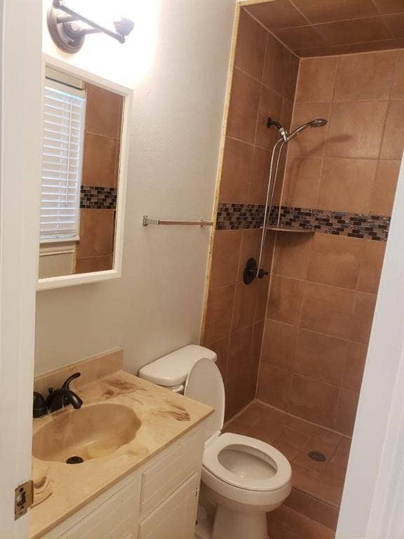 3602 Palm Drive, Mesquite, TX 75150 Newly updated bathroom featuring ceramic tile walls with decorative mosaic accent band, wood-finish vanity with integrated sink, white porcelain toilet, and walk-in shower with dual showerheads and tile surround