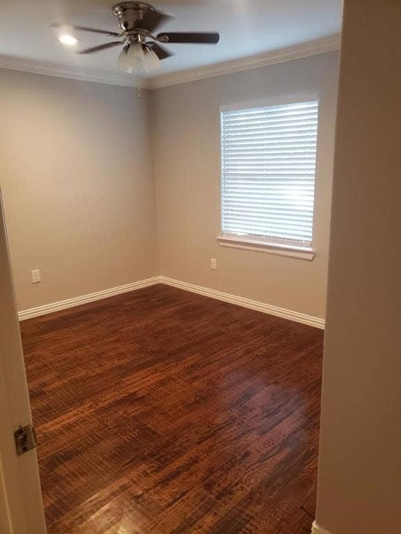 3602 Palm Drive, Mesquite, TX 75150 Wood-finish flooring, crown molding, ceiling fan with integrated lighting, and a window with blinds