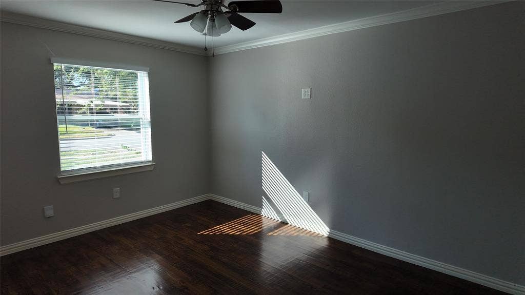 3602 Palm Drive, Mesquite, TX 75150 Hardwood-finish flooring, crown molding, ceiling fan with light fixture, and window with blinds