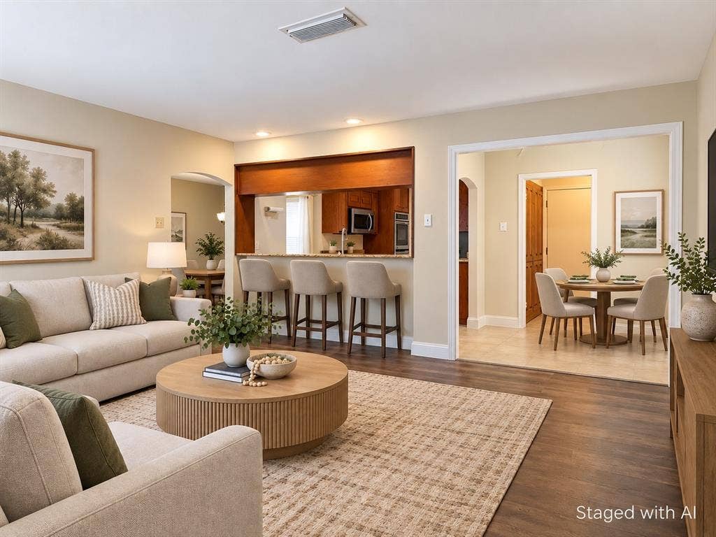 15531 Mosscove Circle, Dallas, TX 75248 Living to Kitchen & Breakfast Room - Staged with AI