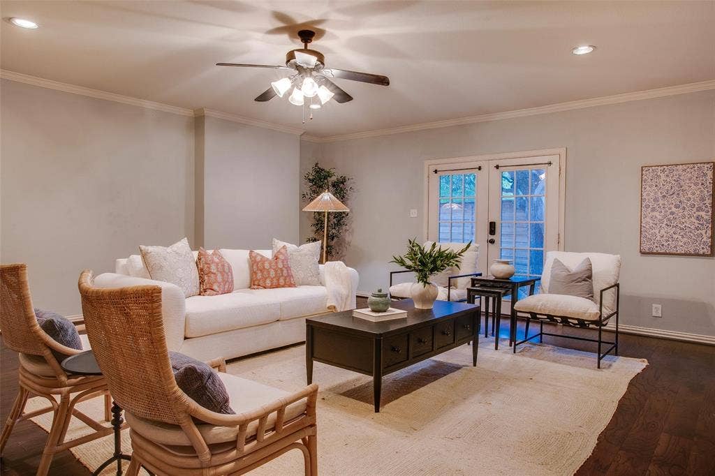 3918 Royal Palms Court, Dallas, TX 75244 Family Room with French doors opening to the backyard and patio.