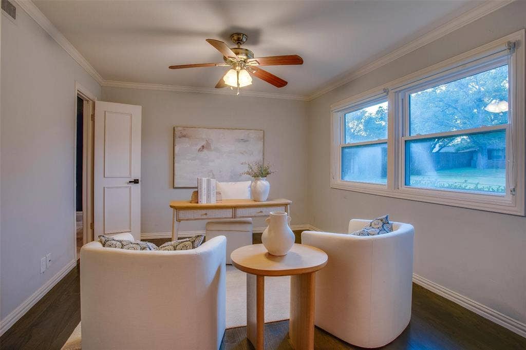 3918 Royal Palms Court, Dallas, TX 75244 Dedicated Home Office behind French doors, one of three distinct living areas. Adjacent full bath.
