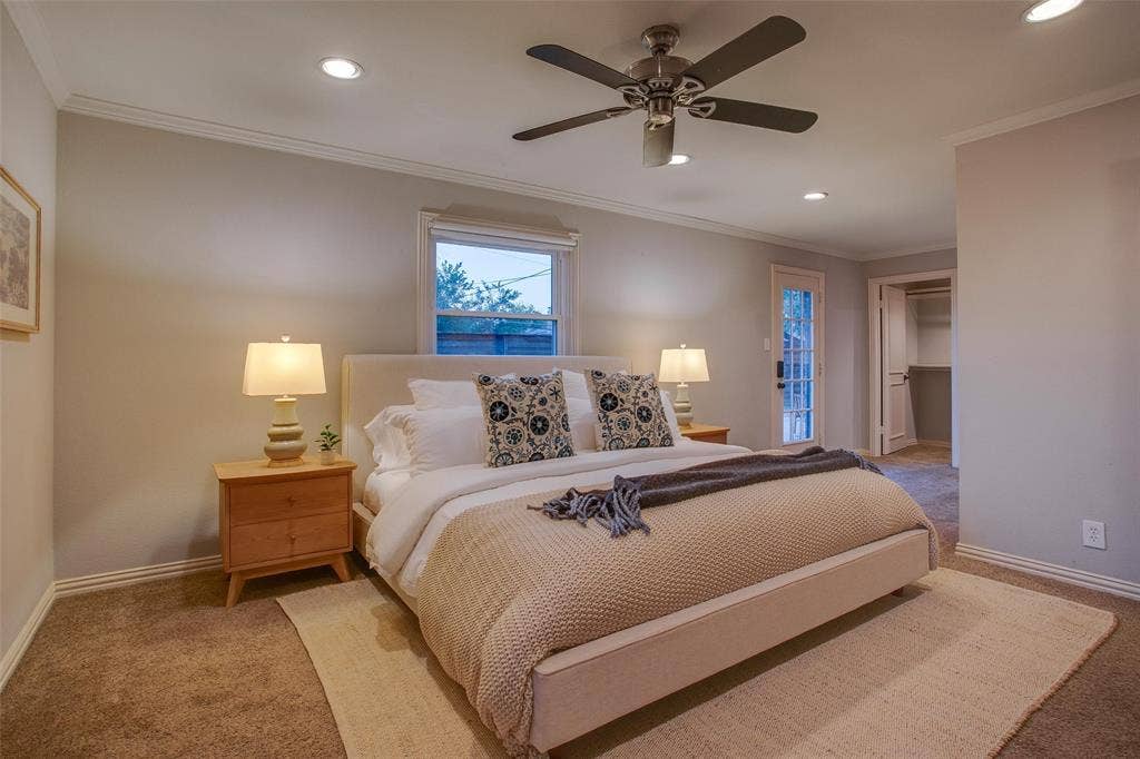 3918 Royal Palms Court, Dallas, TX 75244 Generous Primary Bedroom with backyard access and room for substantial furnishings.