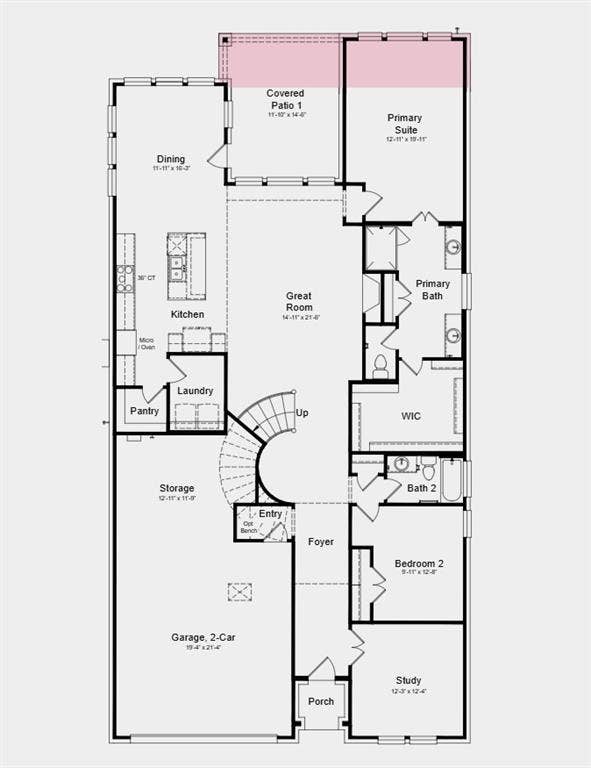 1736 Buck Trail, Celina, TX 75009 First Floor Plan - Additional Highlights Include: an additional full bathroom upstairs, gas drop at back patio, and an extension to the primary bedroom and covered patio