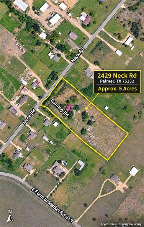 2429 Neck Road, Palmer, TX 75152 Aerial Map. Displaying the property at 2429 Neck Rd, Palmer, TX 75152 with an approximate area of 5 acres