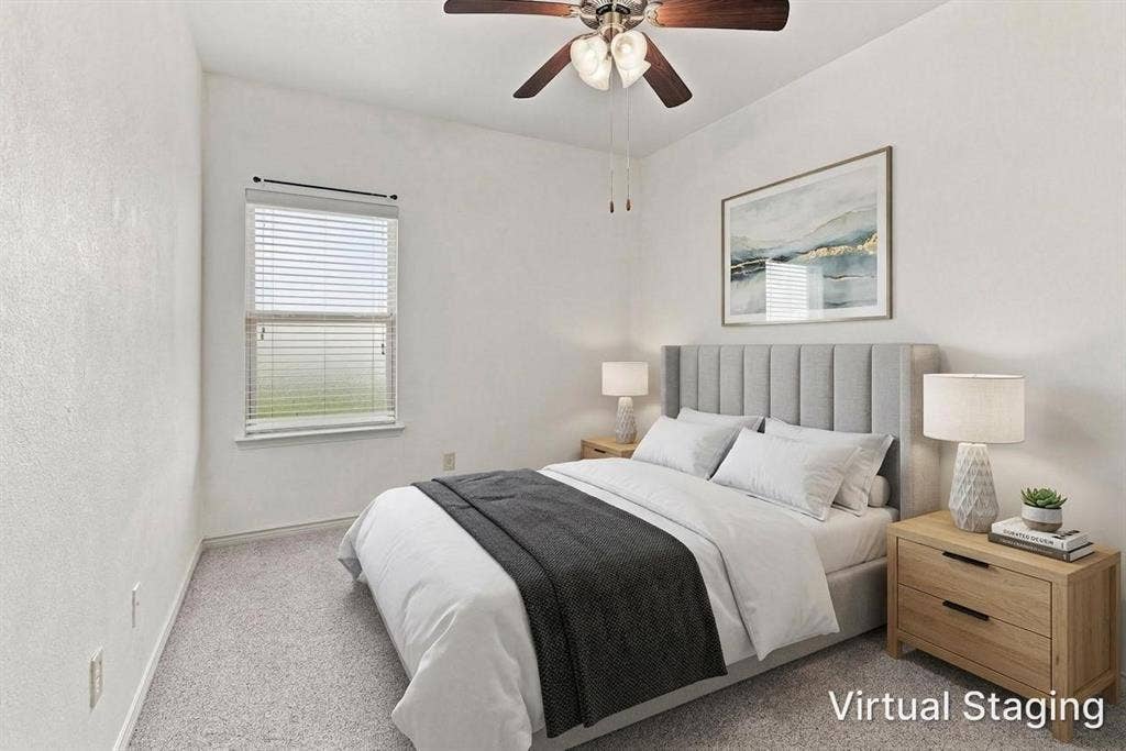 5605 Cojimar Drive, McKinney, TX 75070 Recessed window with blinds, overhead ceiling fan with lighting, and carpeted flooring - Virtually Staged