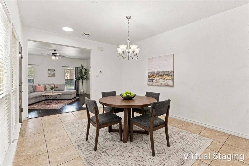 5605 Cojimar Drive, McKinney, TX 75070 Recessed lighting, tiled flooring, chandelier lighting, and a wide entryway - Virtually Staged