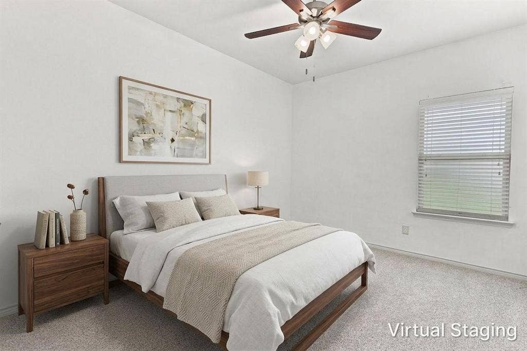5605 Cojimar Drive, McKinney, TX 75070 Vaulted ceiling, ceiling fan with integrated lighting, window with blinds, and light-colored carpeting - Virtually Staged