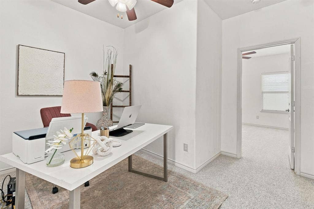 5605 Cojimar Drive, McKinney, TX 75070 Recessed lighting, ceiling fan with wood-finish blades, and neutral-tone carpeting