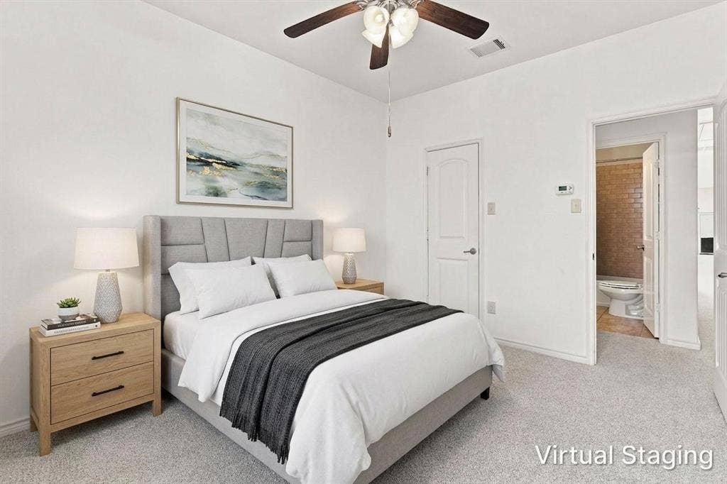 5605 Cojimar Drive, McKinney, TX 75070 Textured wall-to-wall carpeting, ceiling fan with integrated lighting, and a white interior door with paneling - Virtually Staged