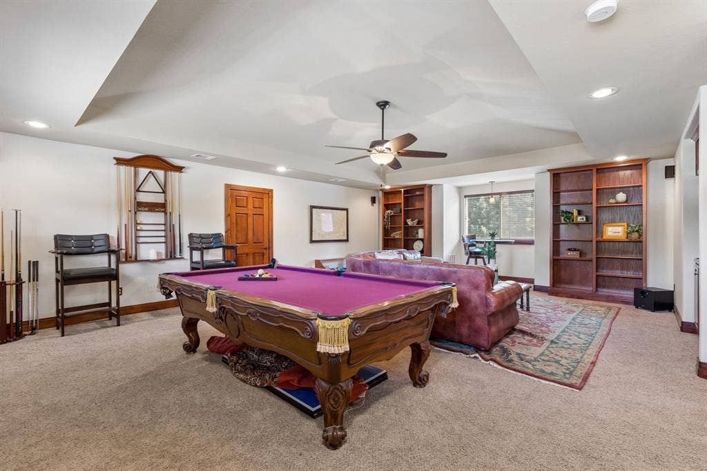 3227 Berry Hollow, Melissa, TX 75454 Recessed lighting, ceiling fan, built-in shelving, wood door, and carpeting