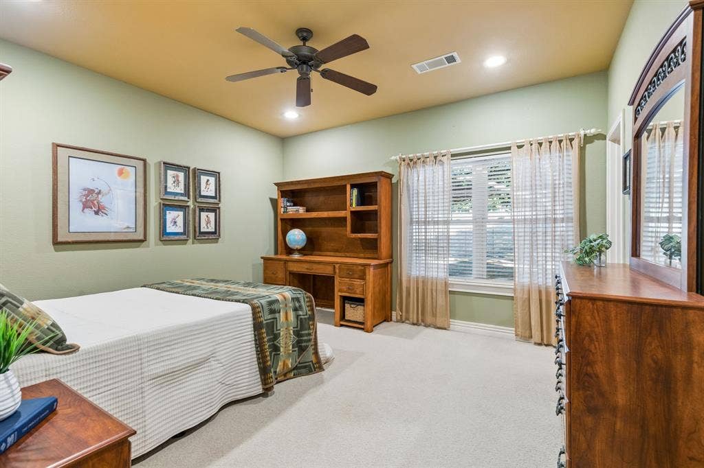 3227 Berry Hollow, Melissa, TX 75454 Recessed lighting, ceiling fan, window with blinds, and light-toned carpet flooring