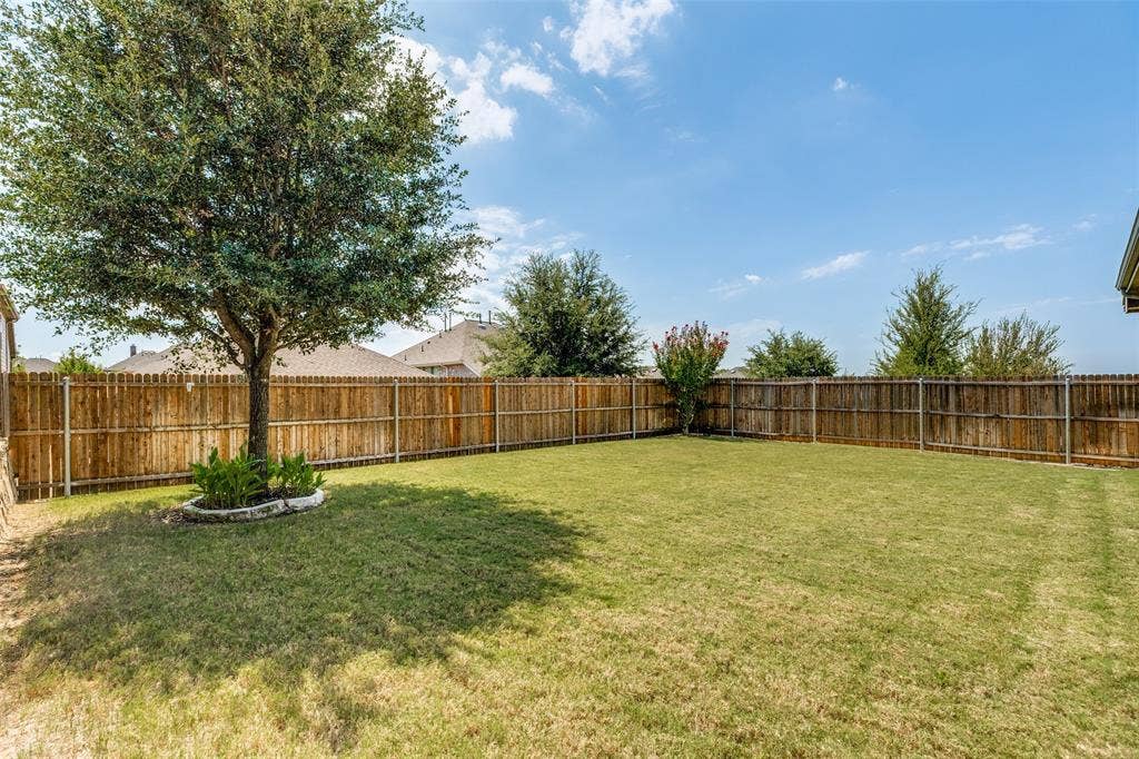 1004 Baynes Drive, McKinney, TX 75071 Expansive backyard featuring a wood fence, mature tree, and a landscaped tree ring