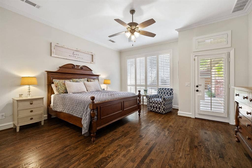 5748 Clarendon Drive, Plano, TX 75093 Primary suite with a door leading to the back patio & pool.