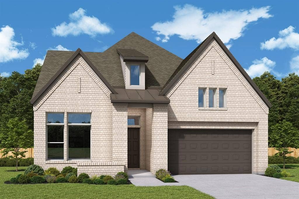 Light-colored brick exterior with dark trim accents, a prominent garage door, and a dormer window