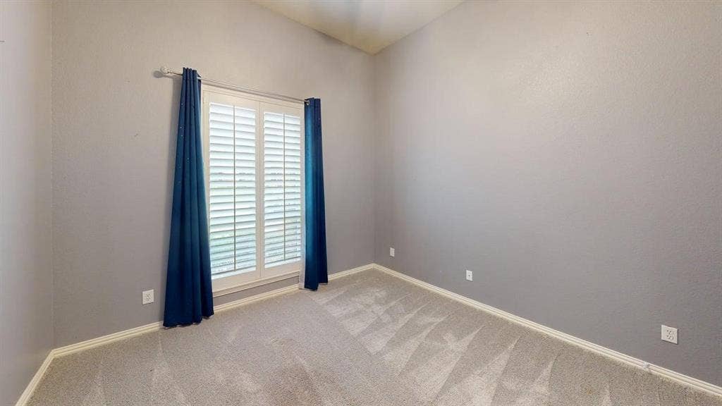 Plush carpeting, window with plantation shutters, vaulted ceiling