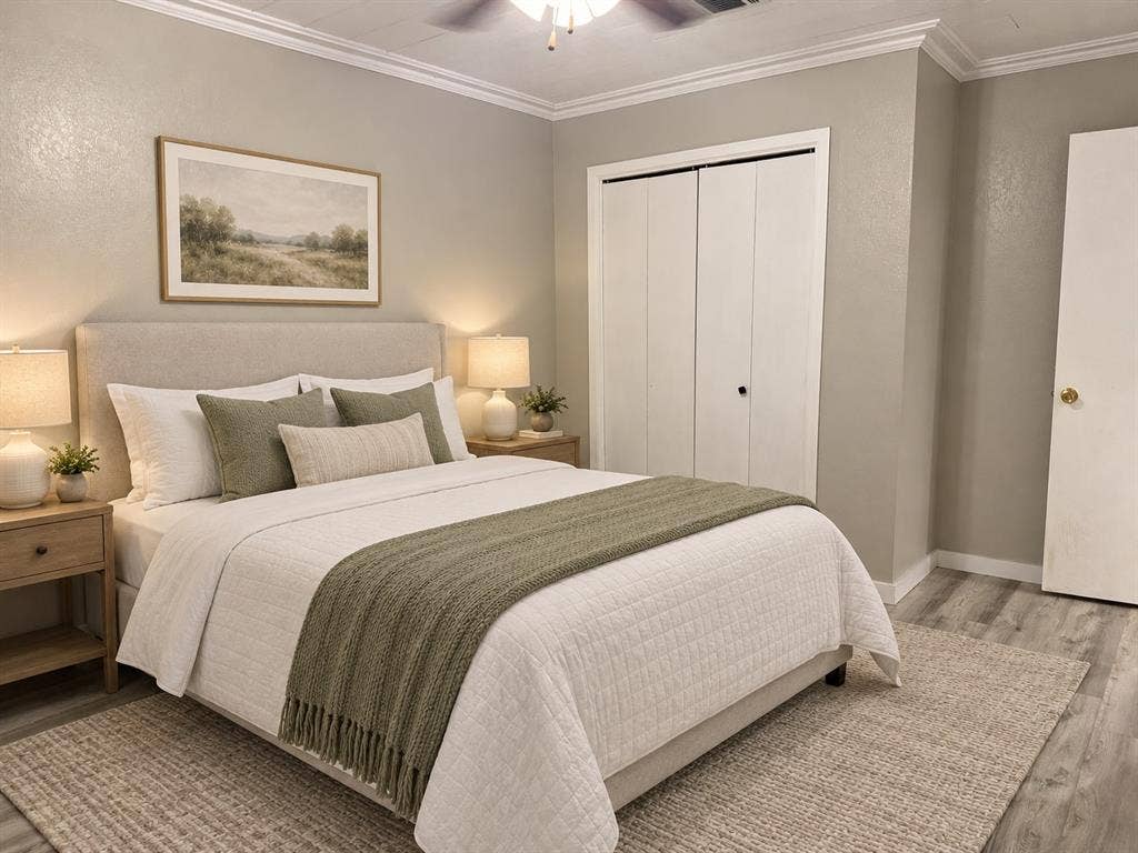 1920 Century Drive, Waco, TX 76712 Wood-finish flooring with a ceiling fan, crown molding, and bi-fold closet doors