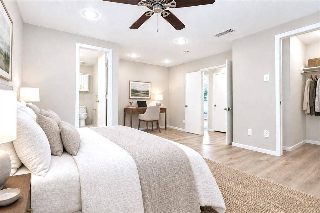 2117 Oak Brook Drive, Richardson, TX 75081 Room for a king bed, plus extra space for office, hobby, sitting, or yoga mat. Large closet, plus en suite bath with two sinks, large updated shower. Virtual Staging.