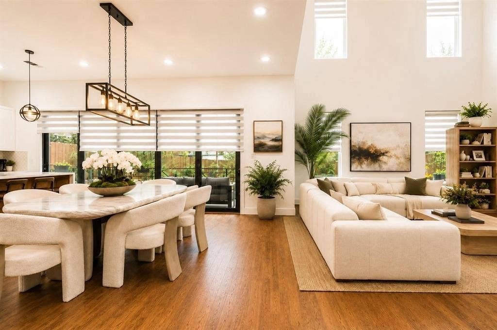 713 Wayne Street, Dallas, TX 75223 Vaulted ceilings, wood-finish flooring, recessed lighting, and expansive windows
