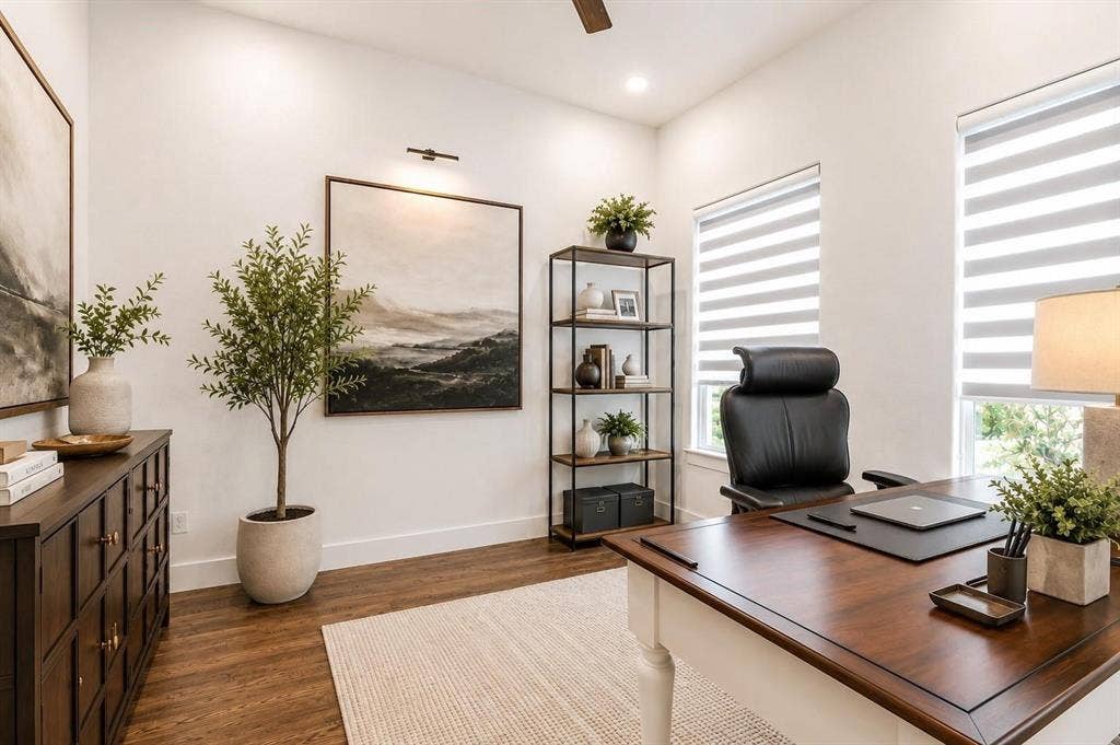 713 Wayne Street, Dallas, TX 75223 Wood-finish flooring, white walls, and a wood-finish desk with a contrasting base