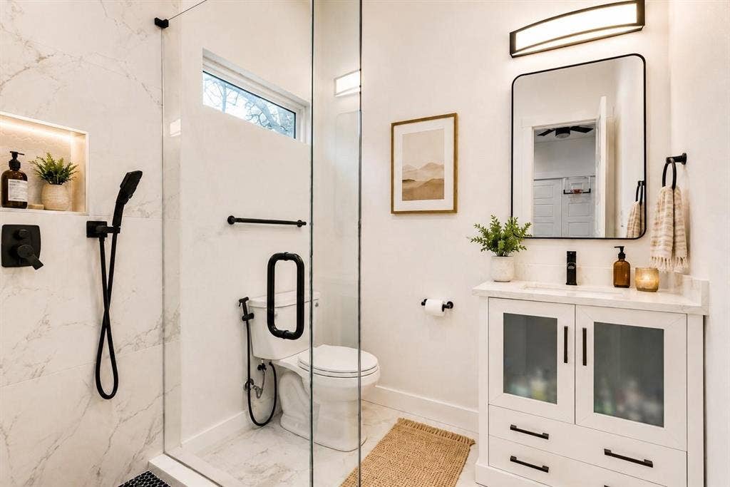 713 Wayne Street, Dallas, TX 75223 Walk-in shower with full glass enclosure and built-in niche