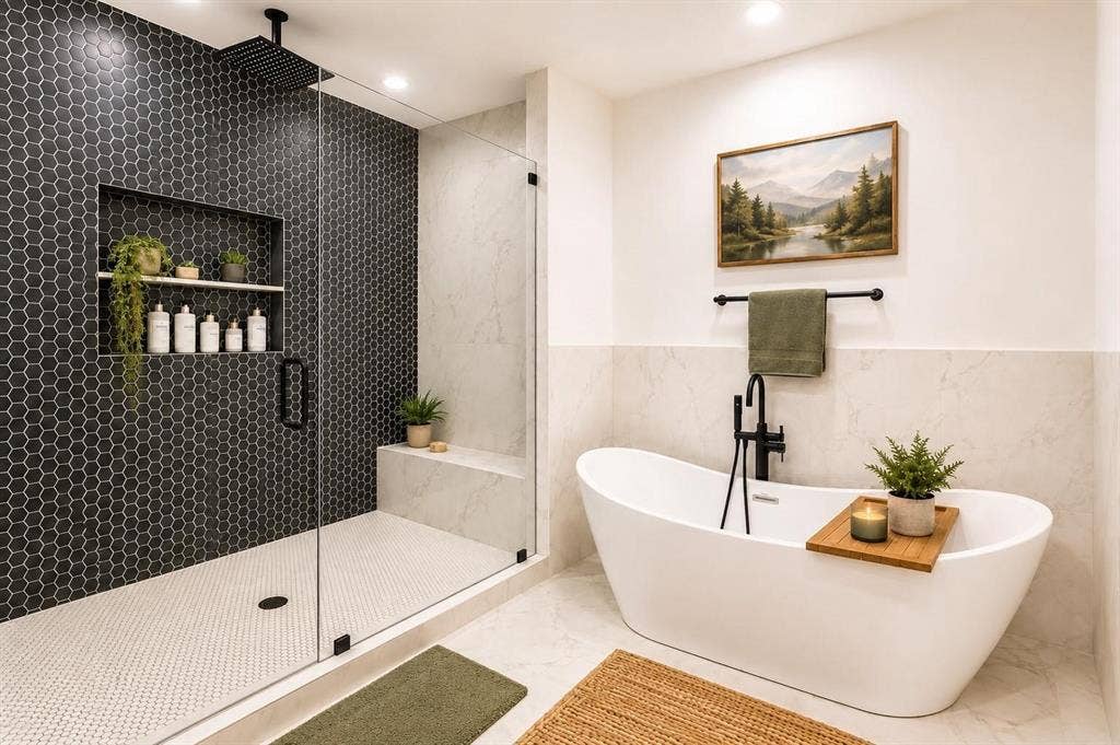 713 Wayne Street, Dallas, TX 75223 Freestanding soaking tub with floor-mounted faucet, walk-in shower with black hexagonal tile, recessed shower niche, and glass enclosure