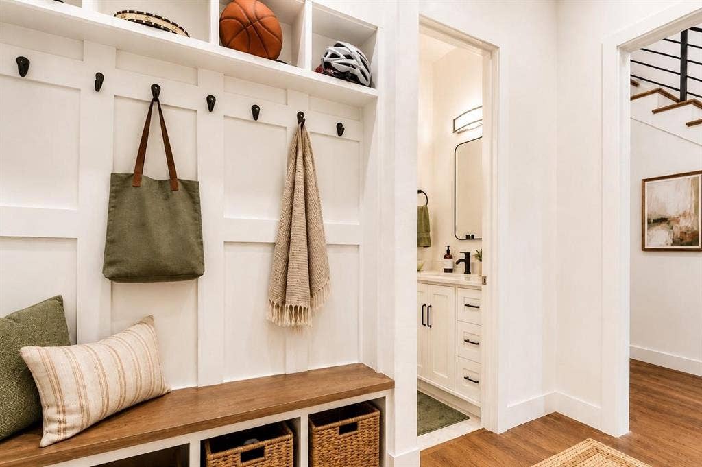 713 Wayne Street, Dallas, TX 75223 Built-in mudroom bench with storage cubbies and upper shelving