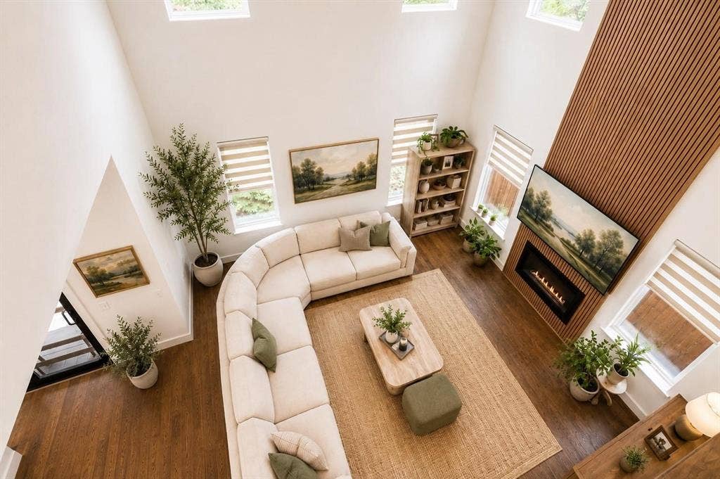 713 Wayne Street, Dallas, TX 75223 High vaulted ceilings, wood-finish flooring, multiple skylights, built-in fireplace, and expansive windows