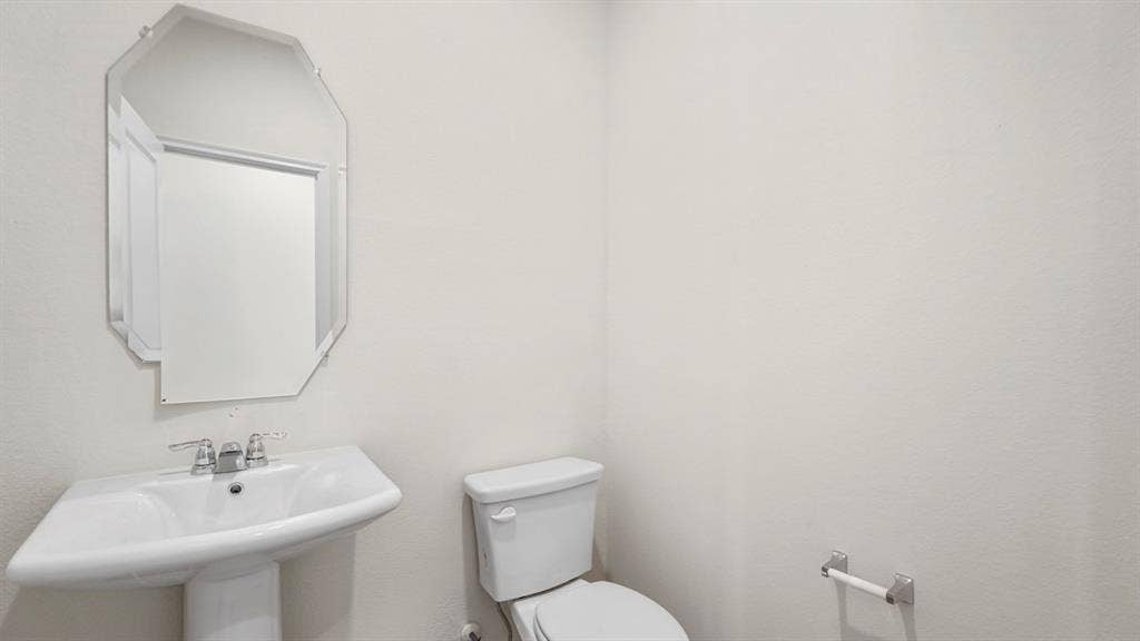 5606 Gannet Place, Crandall, TX 75114 White pedestal sink with chrome faucet hardware, octagonal frameless mirror, and a ceramic toilet