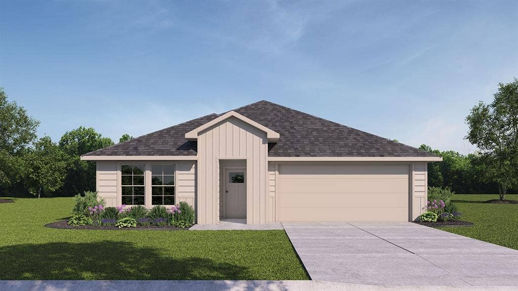 227 Whispering Pine Drive, Royse City, TX 75189 Single-story residence featuring a dark shingle roof, light-colored siding, an attached garage, and a concrete driveway